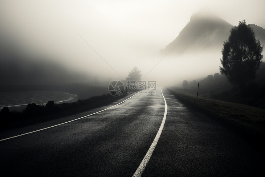 迷雾覆盖山路图片
