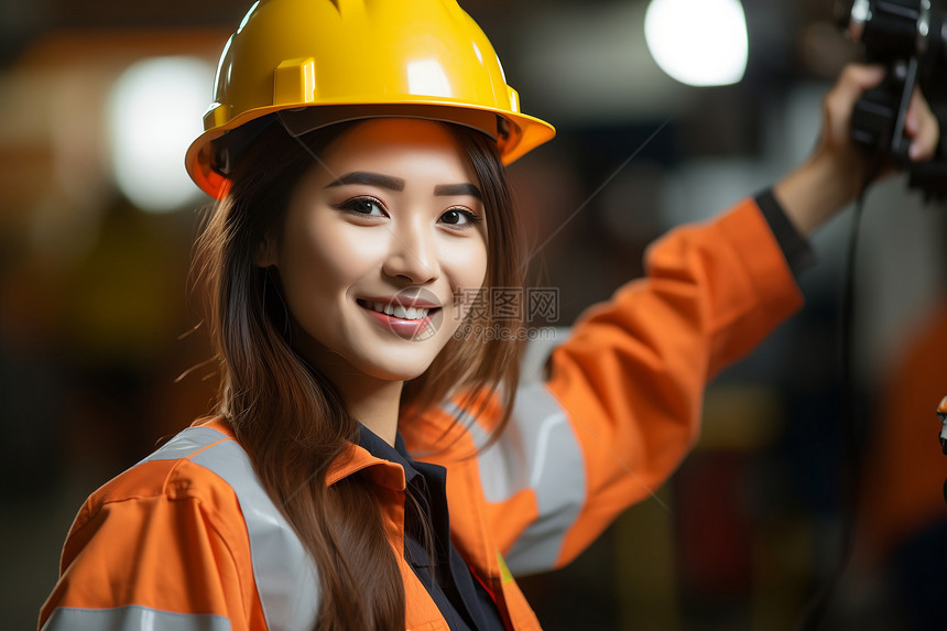 戴头盔的亚洲女工程师图片