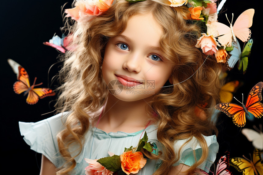 小女孩与蝴蝶花海图片