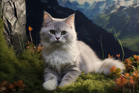 山石间的猫咪背景图片