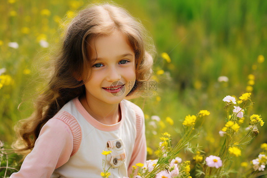 花海中微笑的小女孩图片