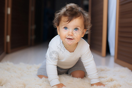 宝宝爬在白色地毯上背景图片