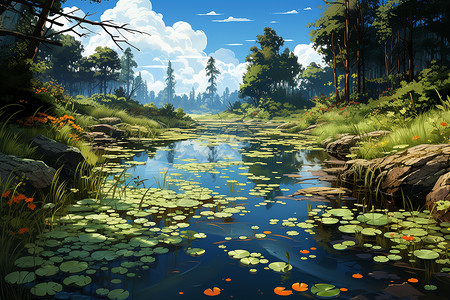 睡莲叶蓝天白云下的湿地插画