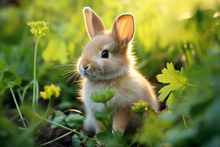 小兔子和绿叶图片