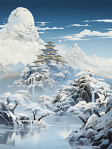 湖景生活神奇的雪山湖景插画