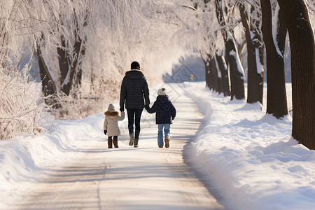 冬天道路素材雪地漫步的家人背景