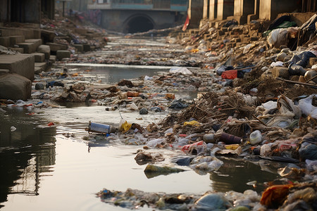 垃圾瓶子被垃圾污染的河水背景