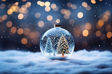 白雪纷飞中的圣诞树玻璃球背景图片
