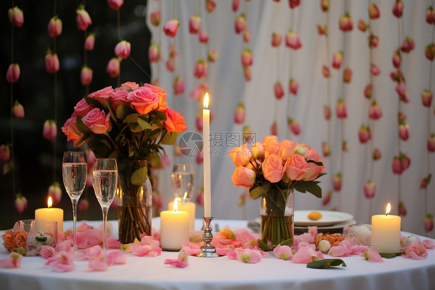 烛光餐桌上的鲜花图片