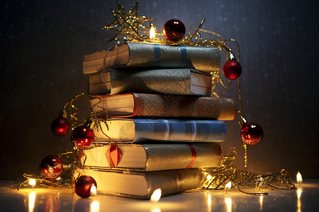 书山书籍上的圣诞装饰背景