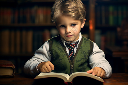 小男孩在图书馆内读书背景图片