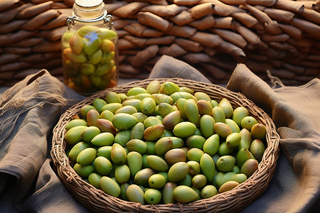 竹筐晾晒的橄榄背景图片