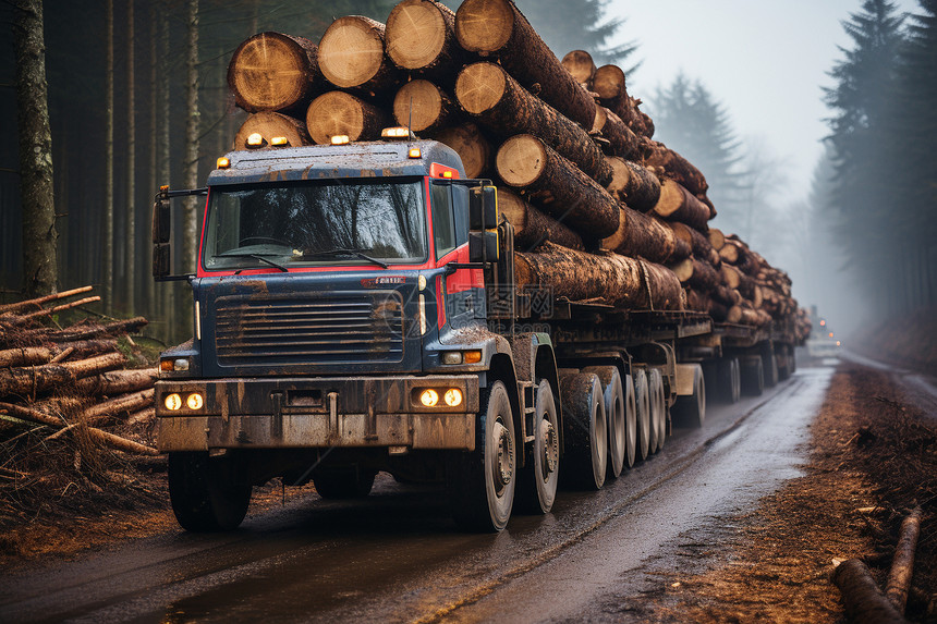林区卡车运输木头图片