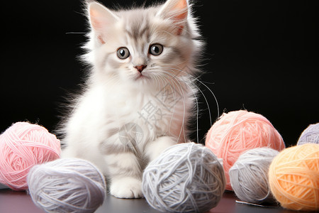 可爱线小猫咪坐在一堆线球旁背景