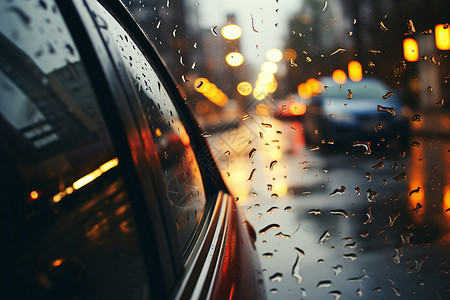 夜晚城市中雨水滑过车窗背景