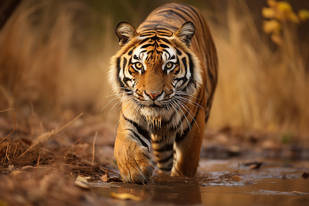 森林动物园森林中一只猛虎穿过水塘背景