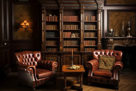书房内的椅子和书架背景图片