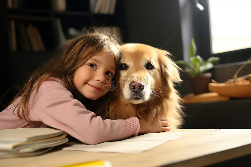 书桌前的小狗和女孩图片