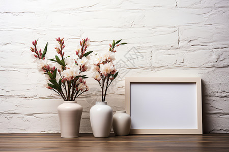 空白相框旁的植物花朵背景图片