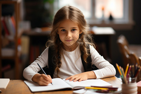 书桌前写作业的女孩背景图片