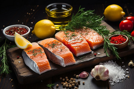 切菜板上健康的鱼肉背景图片