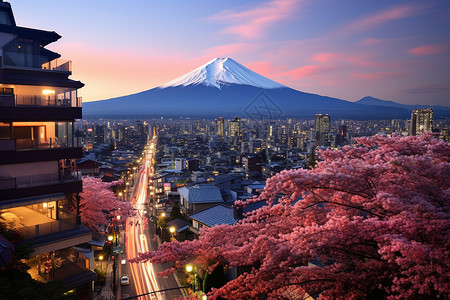 富士山下的城市背景图片