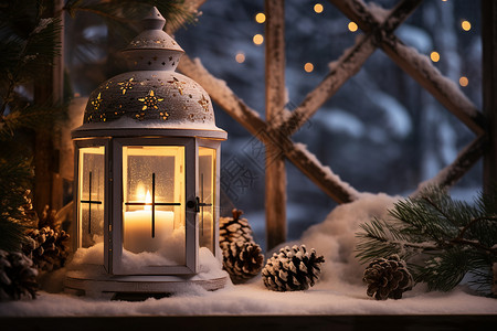 雪中的灯笼雪中圣诞蜡烛高清图片