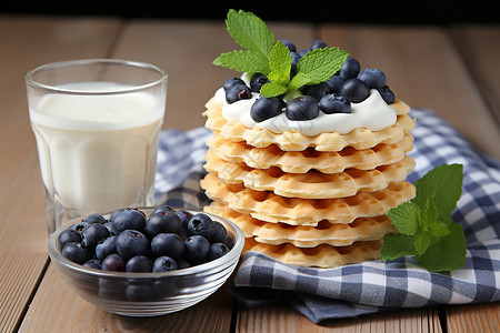 美味蓝莓华夫饼与牛奶背景图片