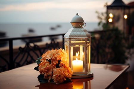 烛台灯光桌子上的烛台花朵背景