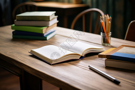 桌子上的铅笔桌子上的书籍背景
