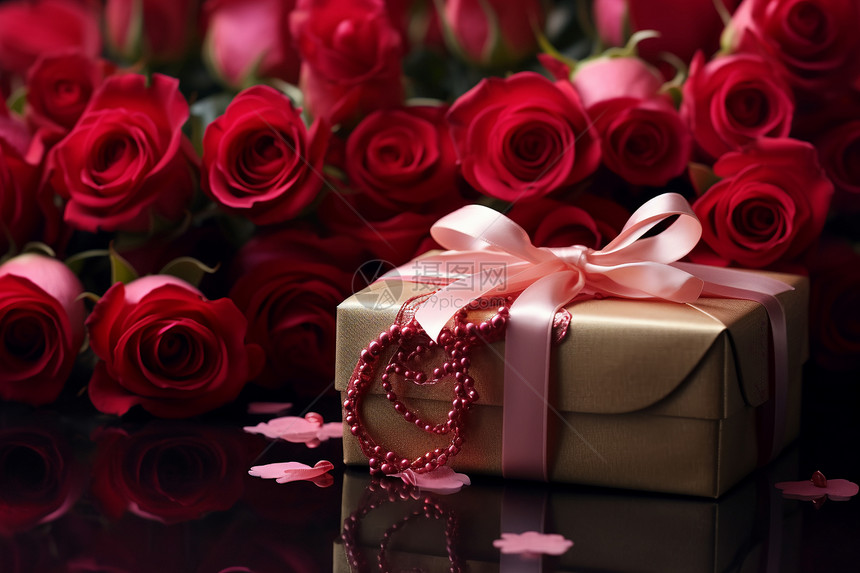浪漫的礼盒和红玫瑰图片