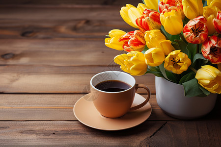 花盆里的郁金香和咖啡背景图片