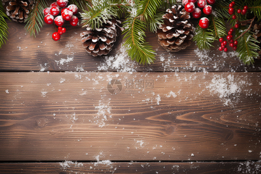 雪中松果与冬青叶修饰的木桌图片