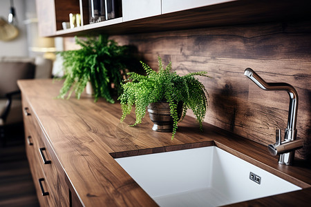 现代家居的木质厨房台面背景图片