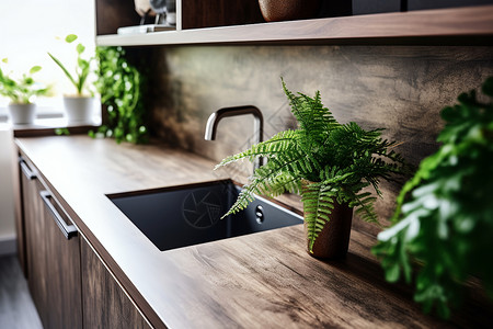 室内家居的厨房木质台面背景图片