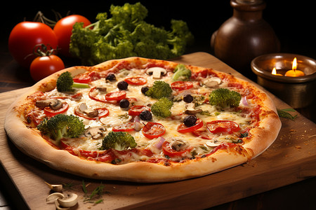 新鲜出炉的蔬菜披萨背景图片