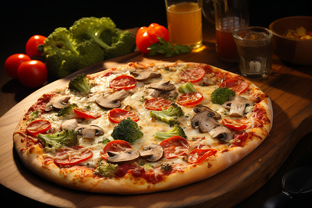 餐桌上的蔬菜披萨背景图片