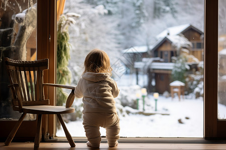 雪孩子素材冬日女孩独自站在窗前观察庭院背景