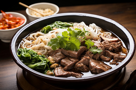 清真餐饮新鲜烹饪的清真牛肉面背景