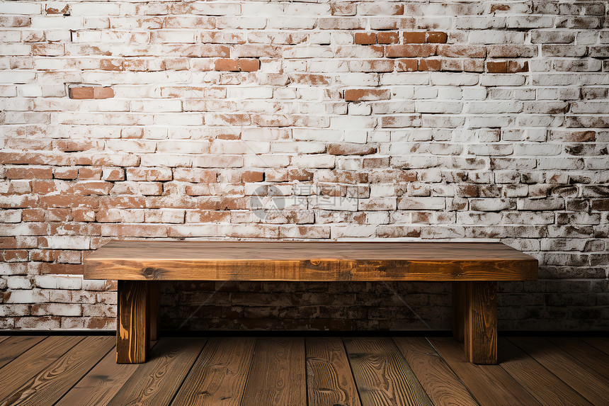 木制桌子前的砖墙图片