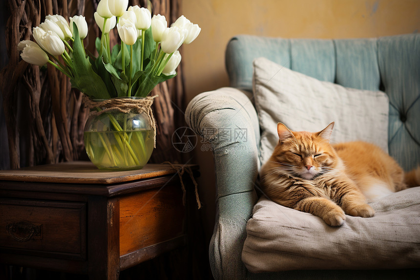猫咪在沙发上休息图片