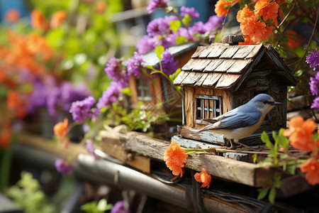 花园中的小鸟栖息鸟屋背景图片