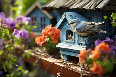花园中木质的鸟屋背景图片
