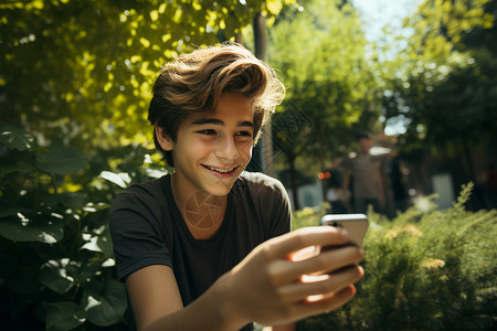 男孩在公园玩手机背景图片
