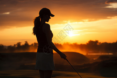 女子高尔夫夕阳下的高尔夫女子背景