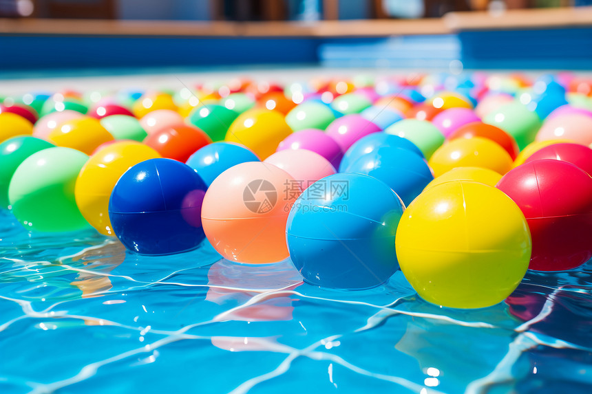 泳池上的彩色小球图片