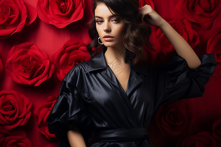 蓝衣黑裙黑裙美女与红玫瑰墙背景