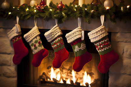 火炉上挂着长筒袜和圣诞装饰品背景图片