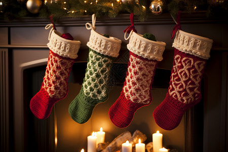 装饰袜子素材家中壁炉上挂着圣诞袜背景