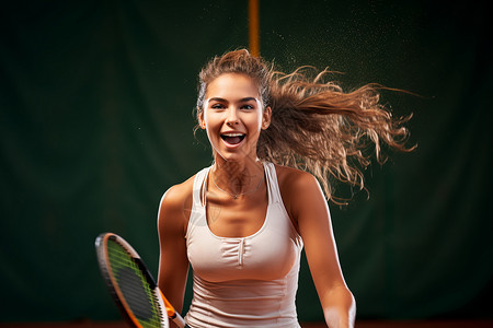 网球馆女子挥着球拍在网球场上背景